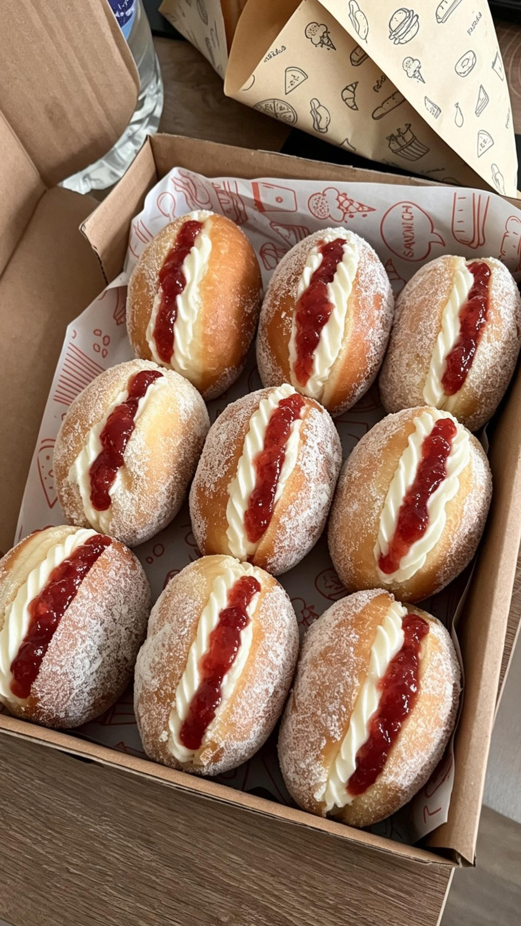 A box of nine pillow donuts filled with milk cream + sweet fruity jam (strawberry), dusted in powdered milk.

Ideally for a party set up (kids birthday, office meeting, pyjamas party 